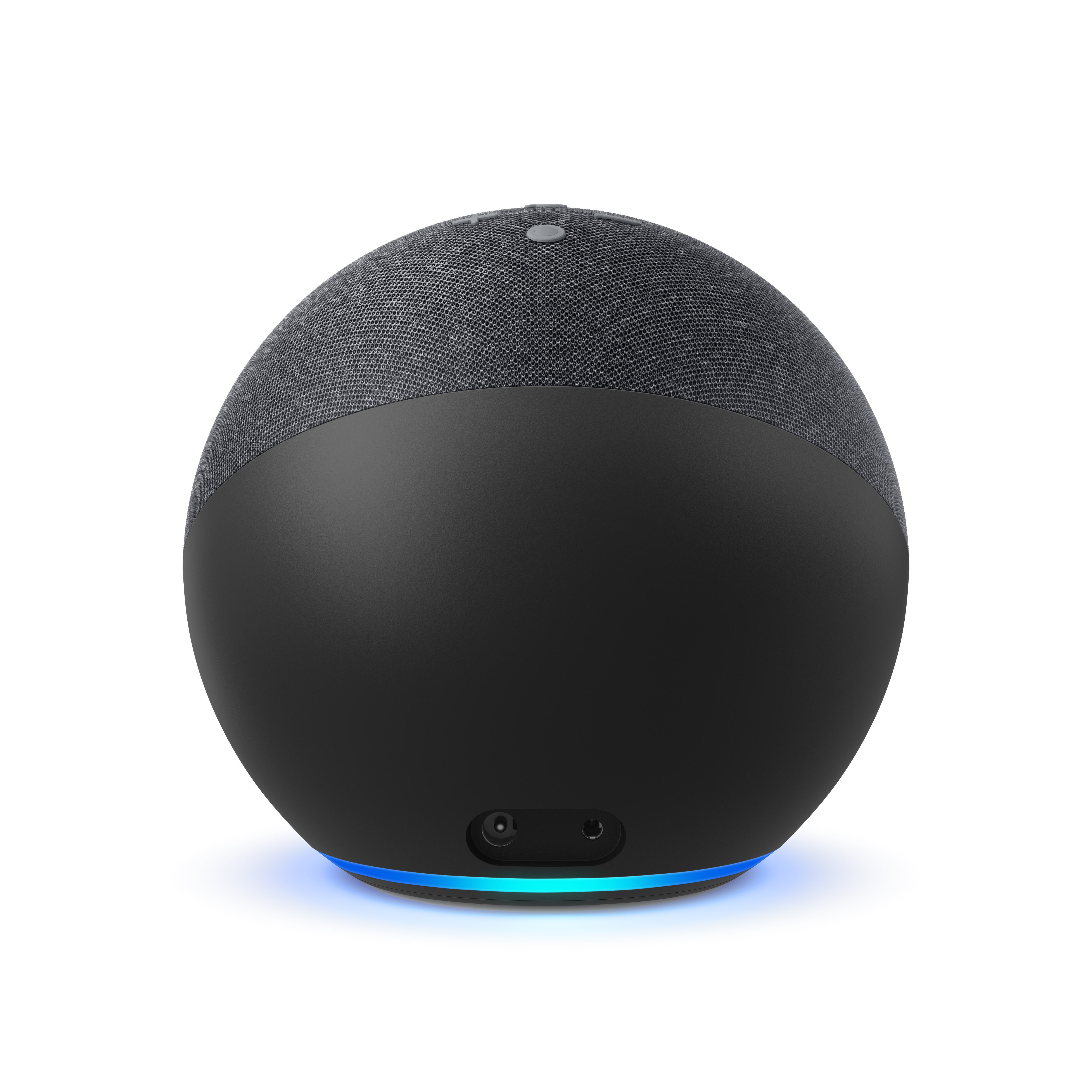 Schwarzer und grauer kugelförmiger Smart Speaker. Unten Anschlüsse und blaues Licht.