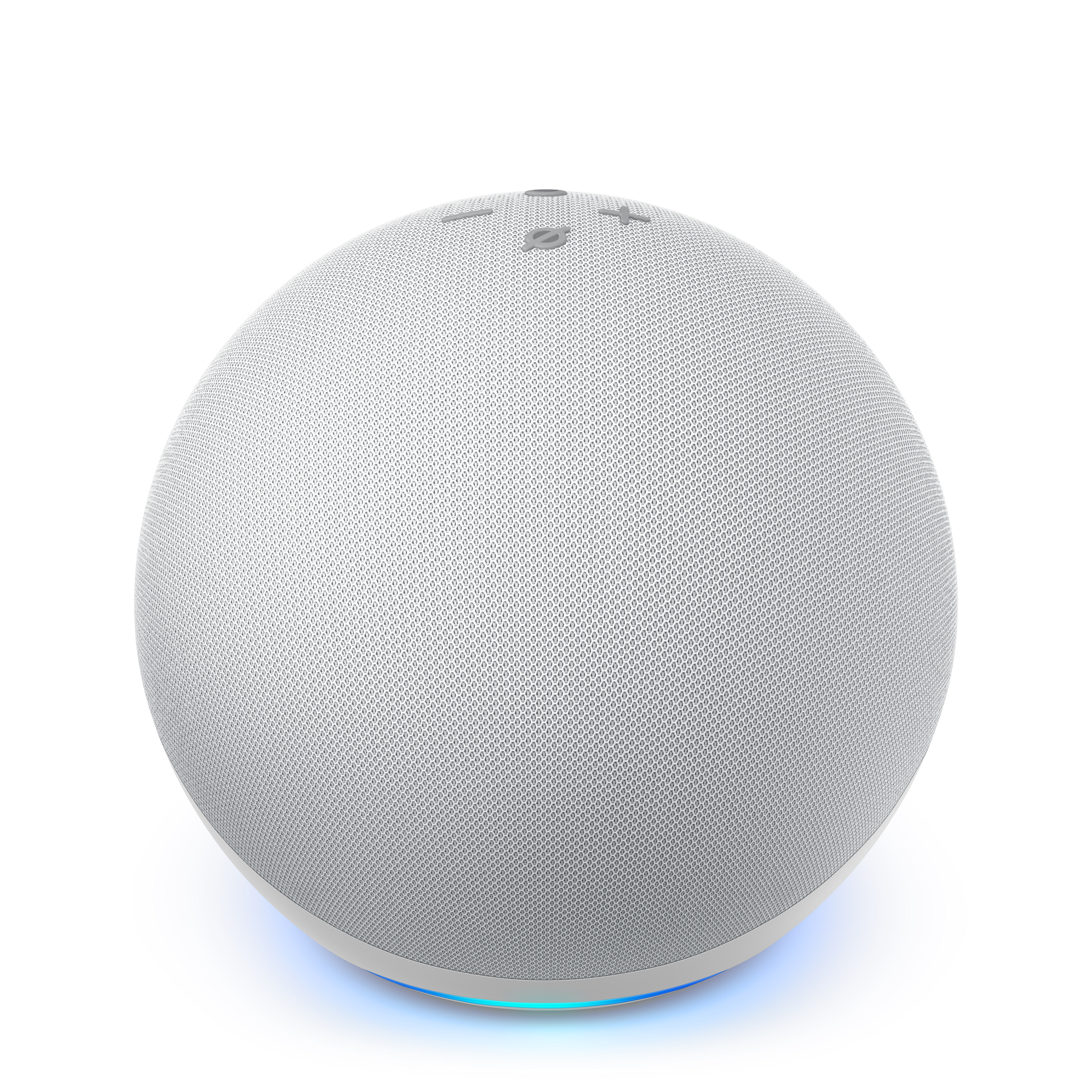 Weißer, kugelförmiger Amazon Echo Dot Smart Speaker mit blauem Licht.