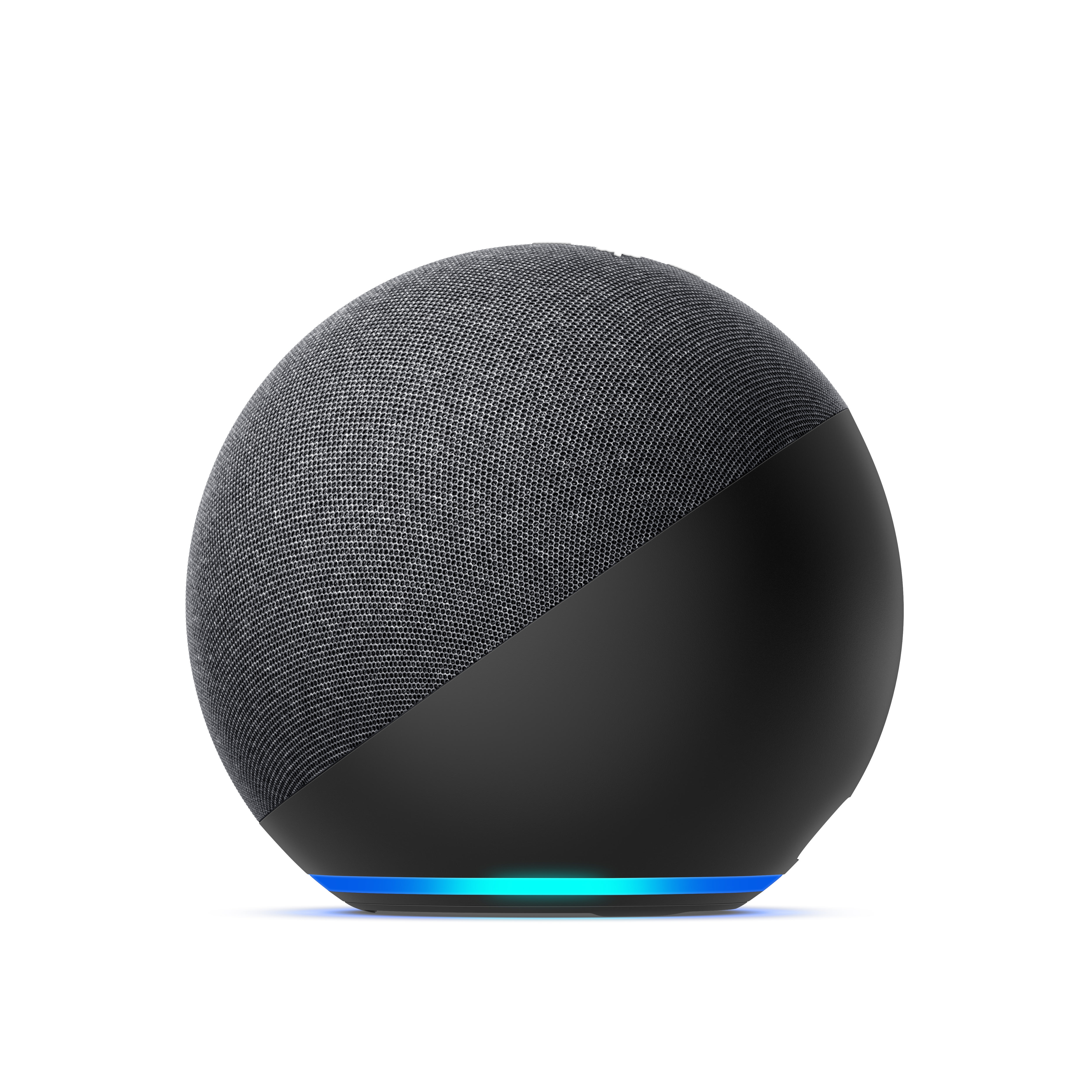 Ein schwarzer und grauer Amazon Echo Dot Smart Speaker auf weißem Hintergrund mit blauem Leuchten.