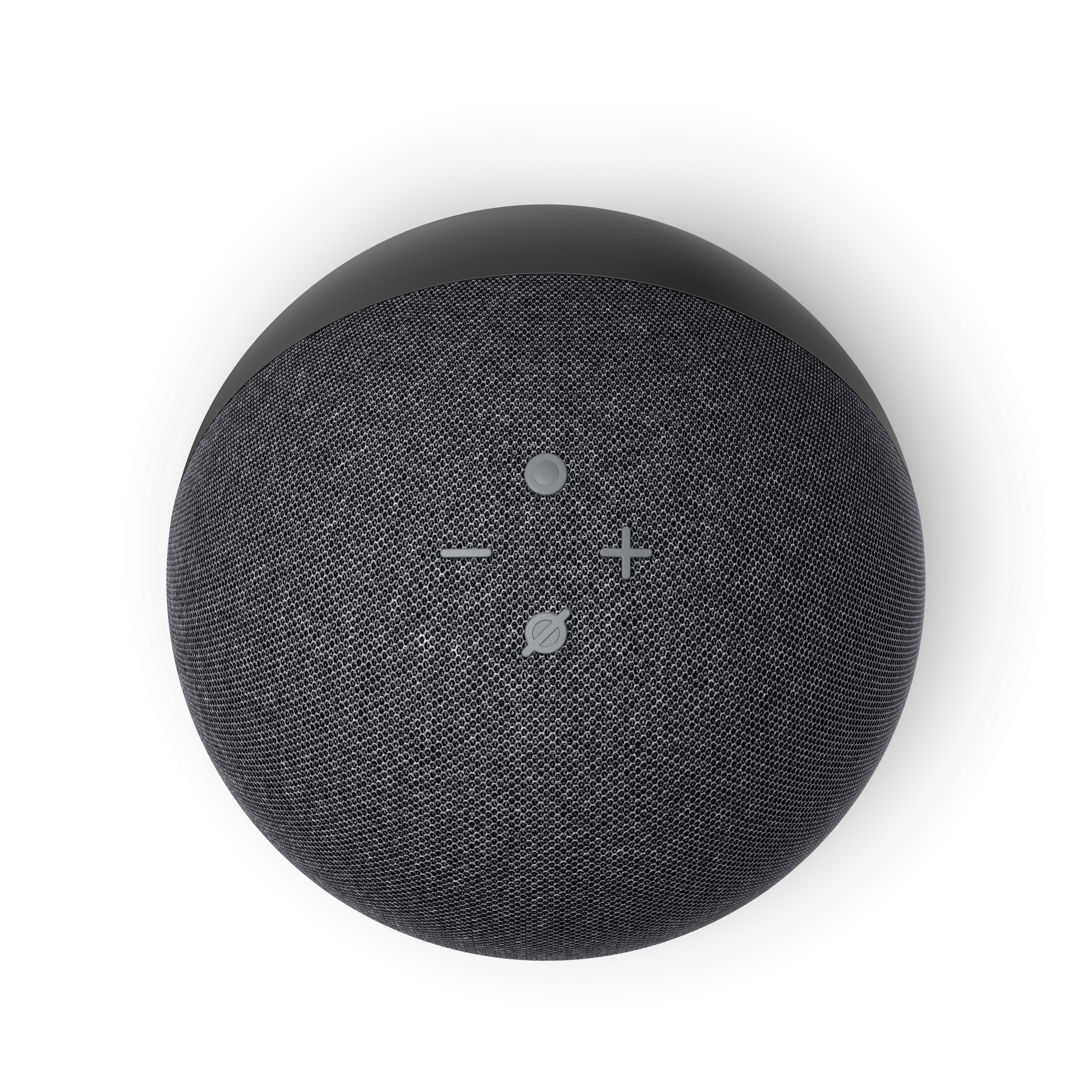 Draufsicht auf einen dunkelgrauen Alexa Echo Dot-Lautsprecher.