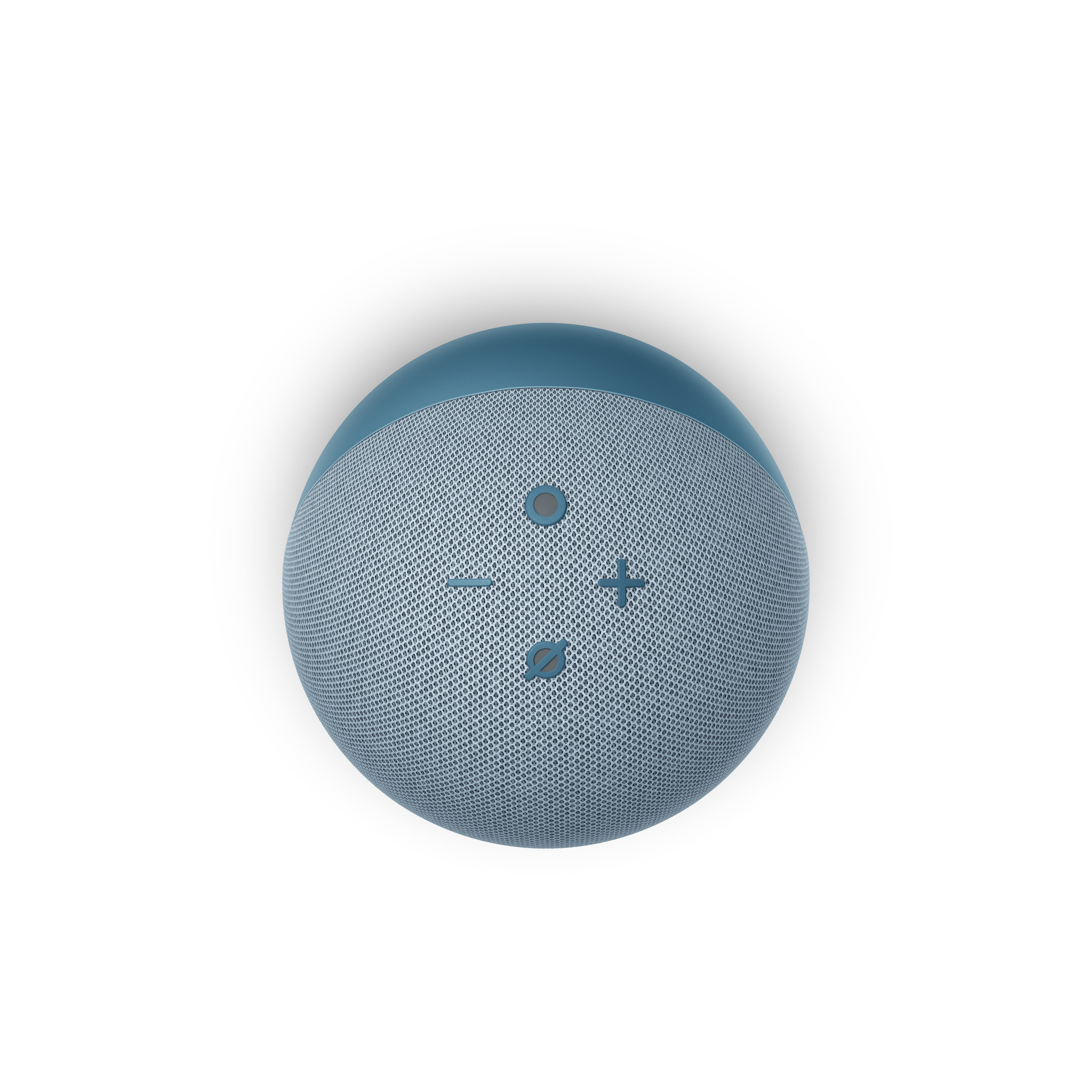 Blauer, kugelförmiger Smart Speaker. Draufsicht mit Lautstärke- und Aktionstasten. Weißer Hintergrund.