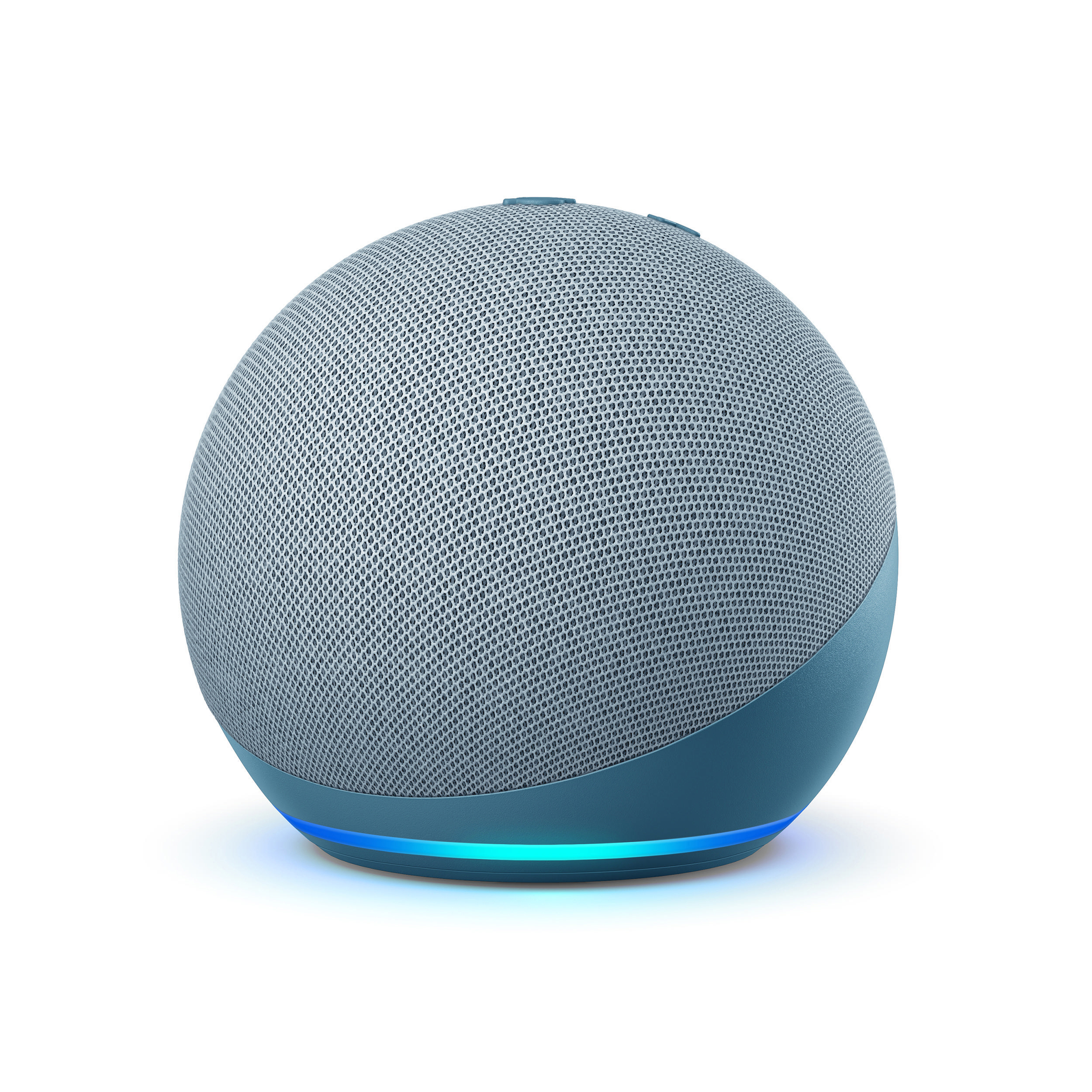 Ein blauer und grauer kugelförmiger Amazon Echo Dot Lautsprecher. Er hat einen blauen Lichtring.
