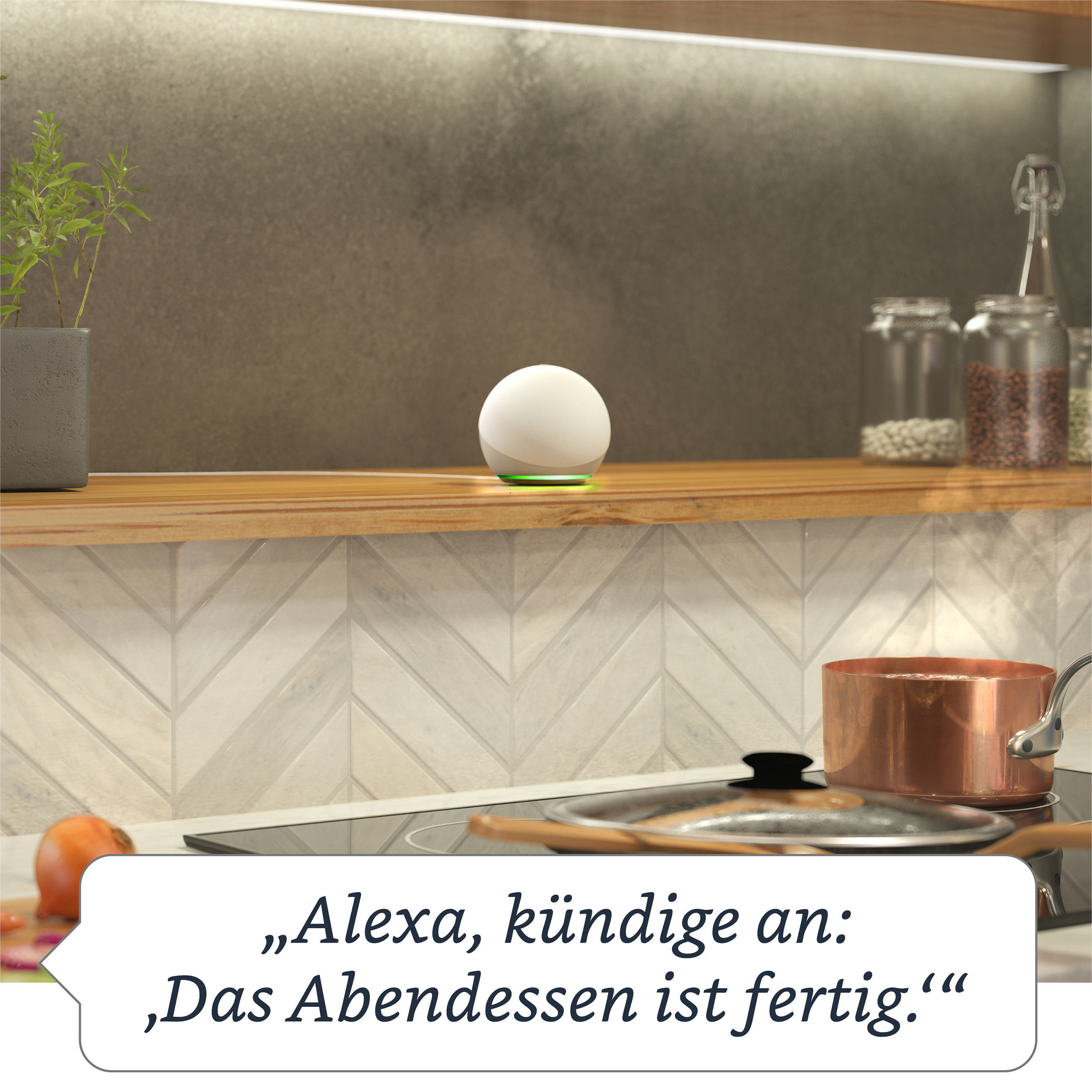 Alexa-Lautsprecher auf Theke mit Topf, Essen und Pflanzen, Sprechblase.