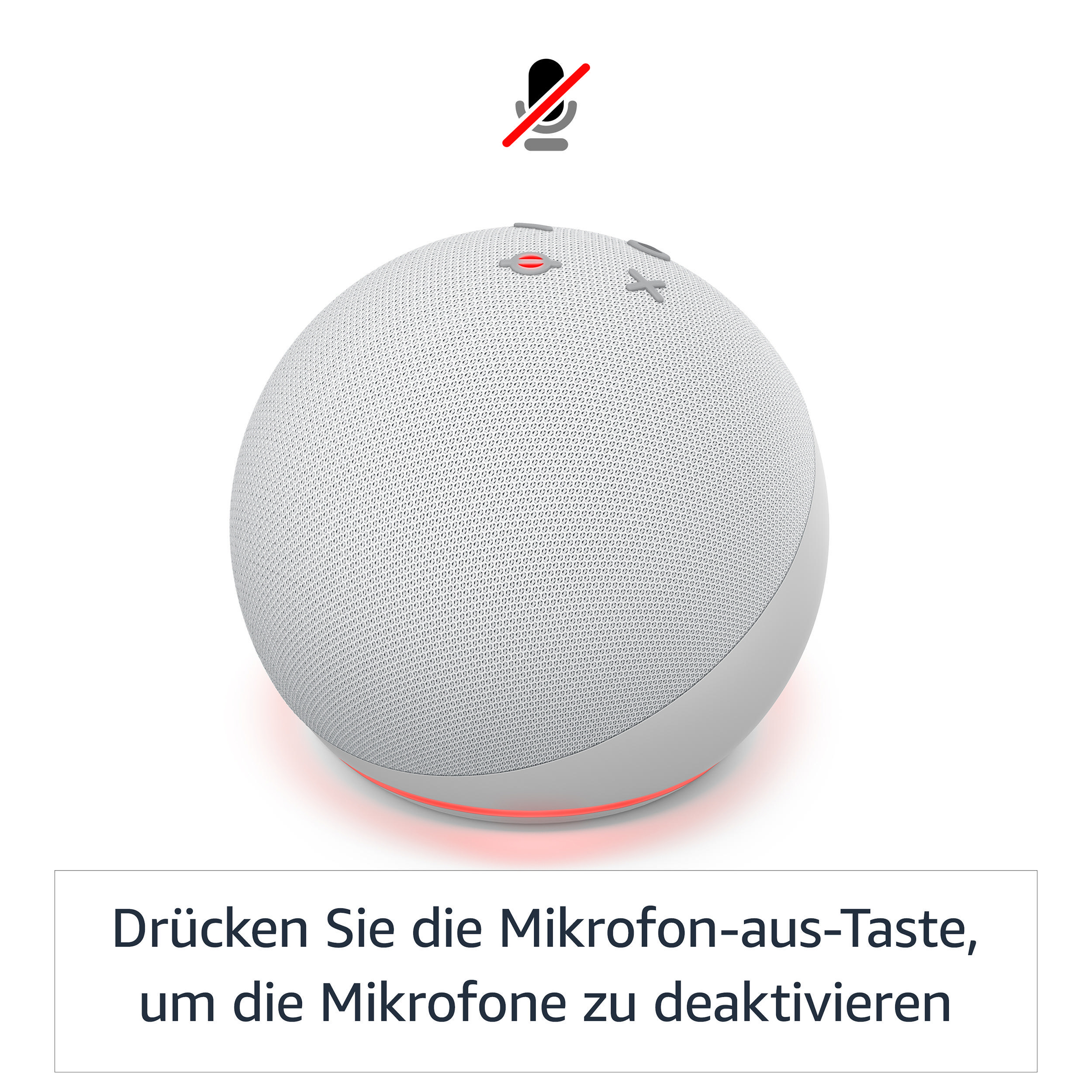 Ein weißer intelligenter Lautsprecher mit rotem Licht und einem Mikrofon-aus-Symbol.