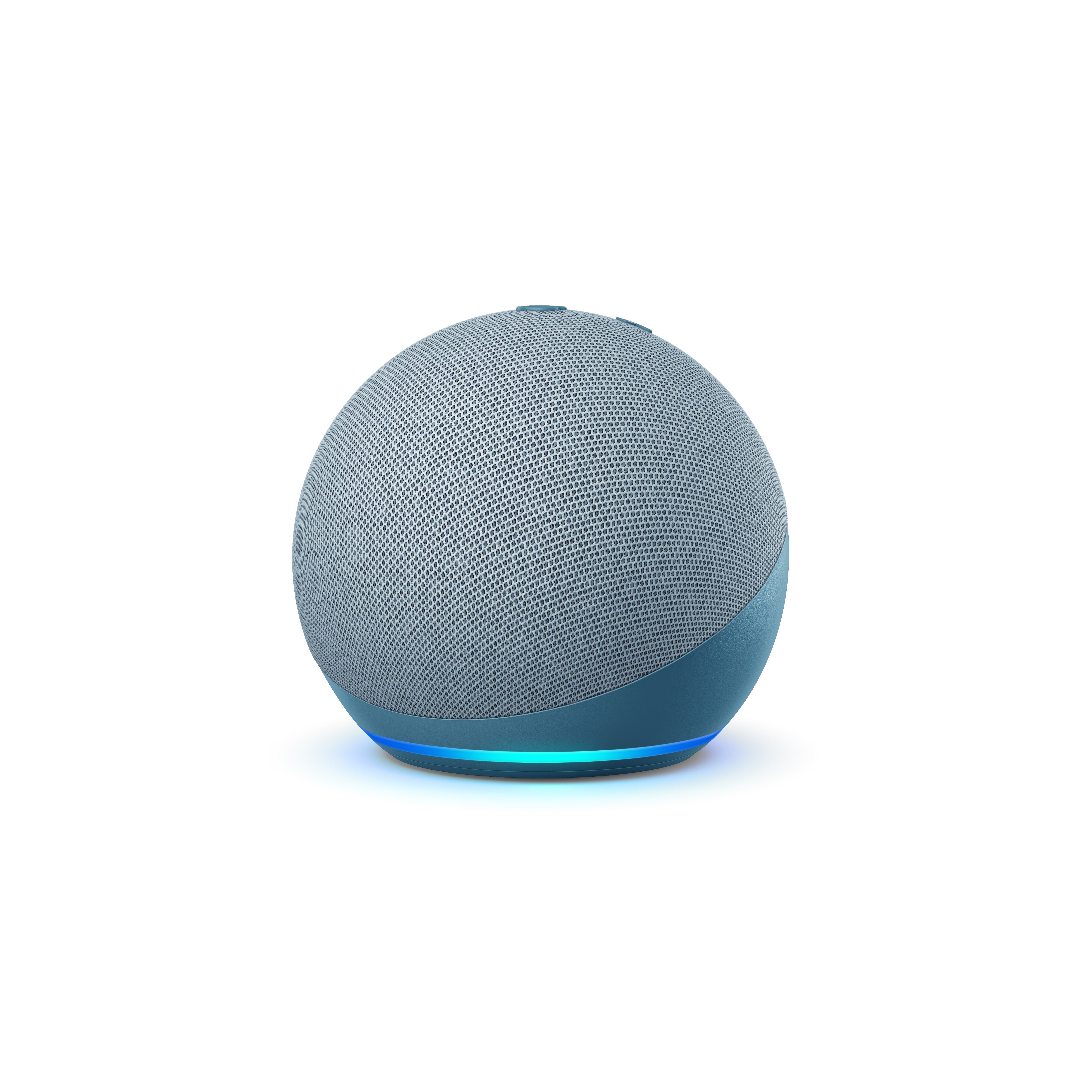 Blauer und grauer Alexa Echo Dot-Lautsprecher mit beleuchteter Basis.
