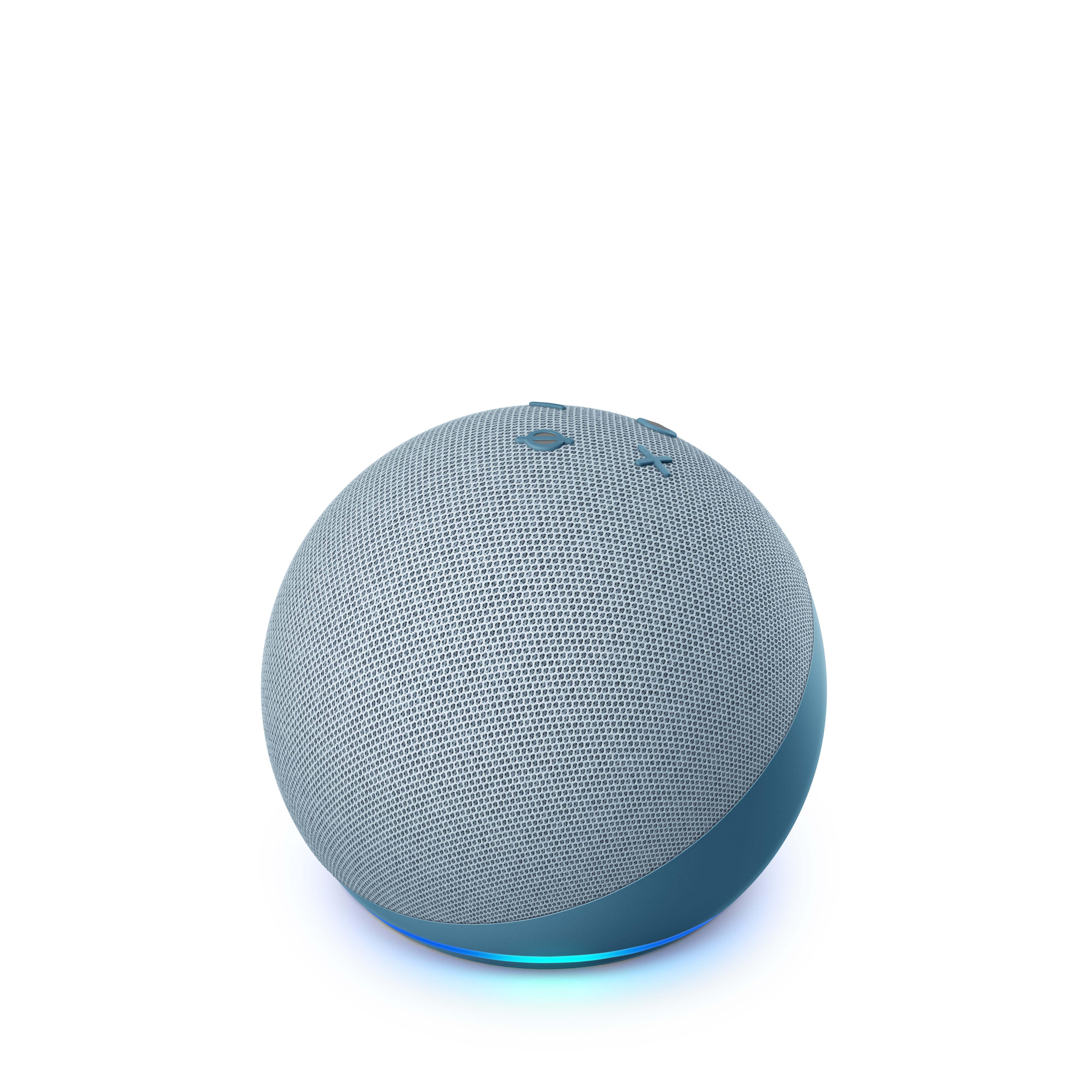 Blau-grauer kugelförmiger Smart-Lautsprecher mit Bedientasten. Weißer Hintergrund.