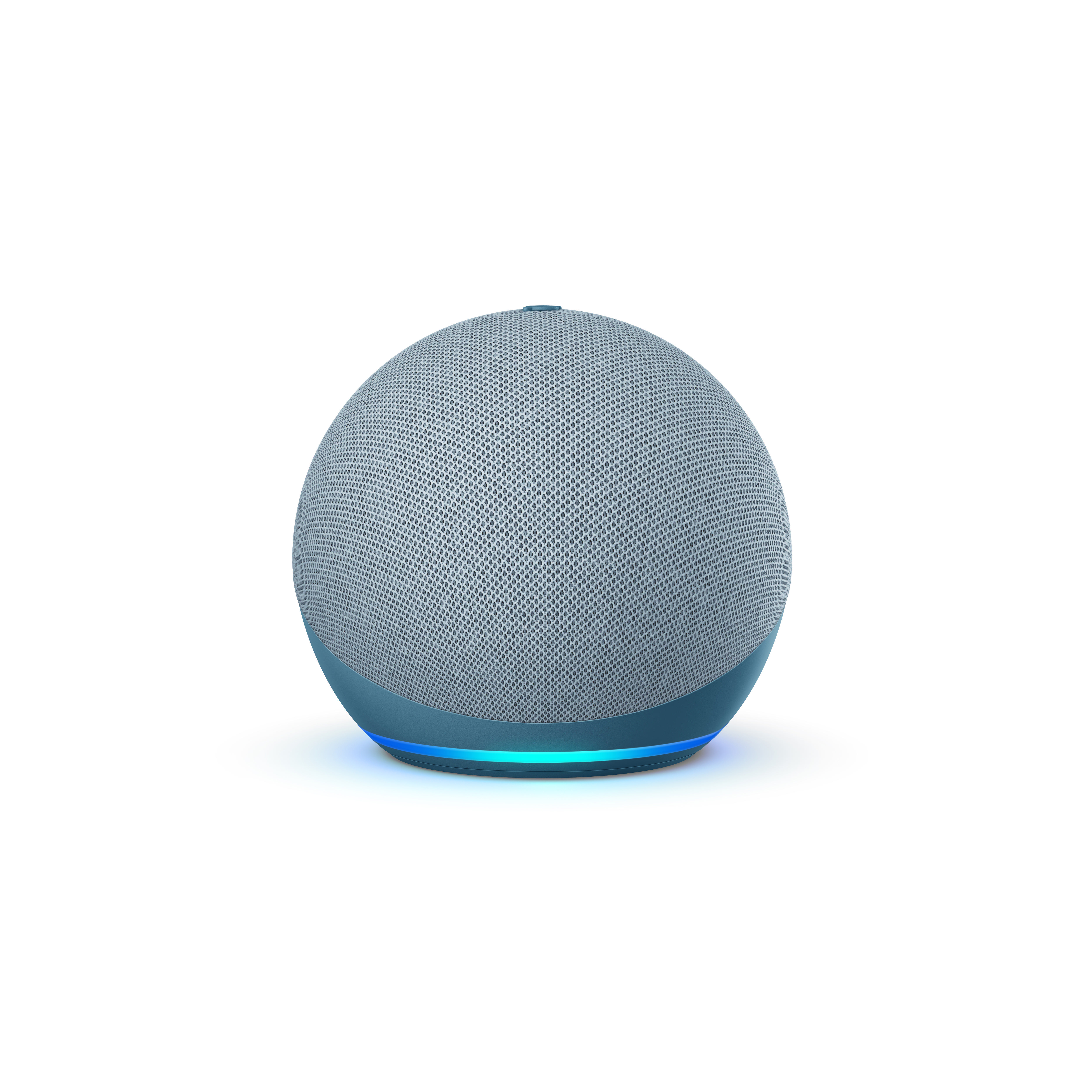 Blauer Smart-Lautsprecher mit Lichtring auf weißem Hintergrund.