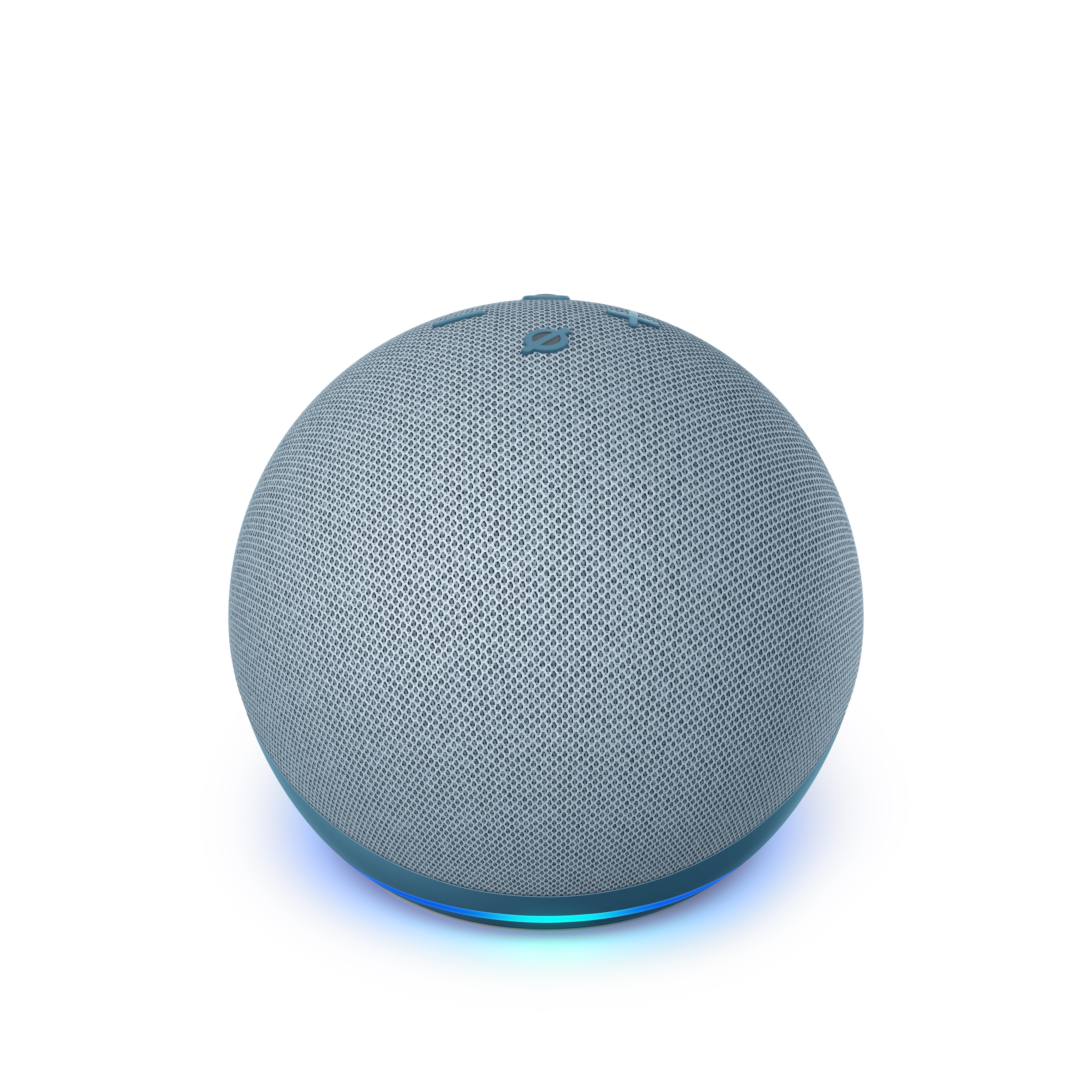 Ein hellblauer Smart-Lautsprecher mit Mesh-Design und blauem Licht an der Basis.