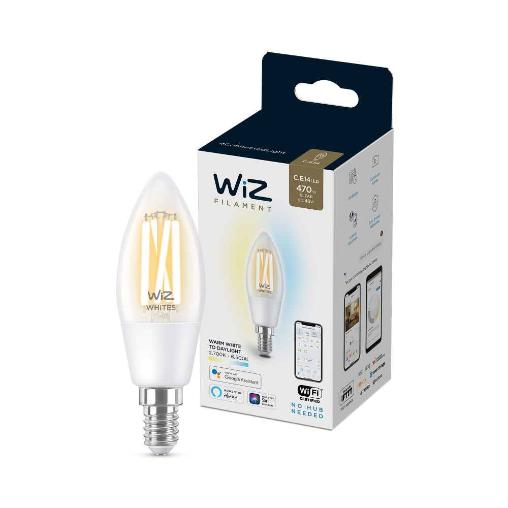 Bombilla inteligente - Wiz LED Filamento Vela E14, Regulable, Luz blanca de cálida a fría, 2700 - 6500K, WiFi