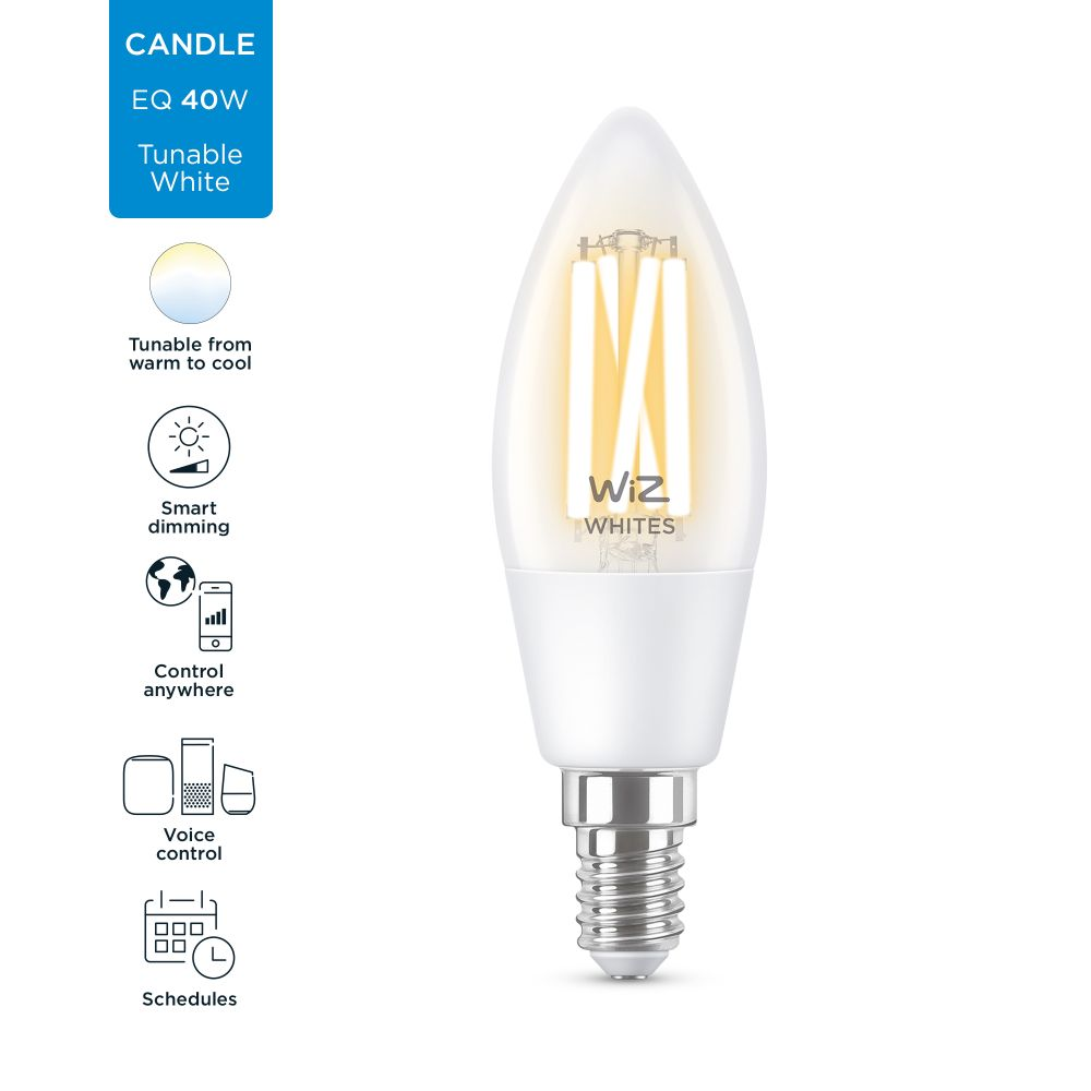 Bombilla inteligente - Wiz LED Filamento Vela E14, Regulable, Luz blanca de cálida a fría, 2700 - 6500K, WiFi