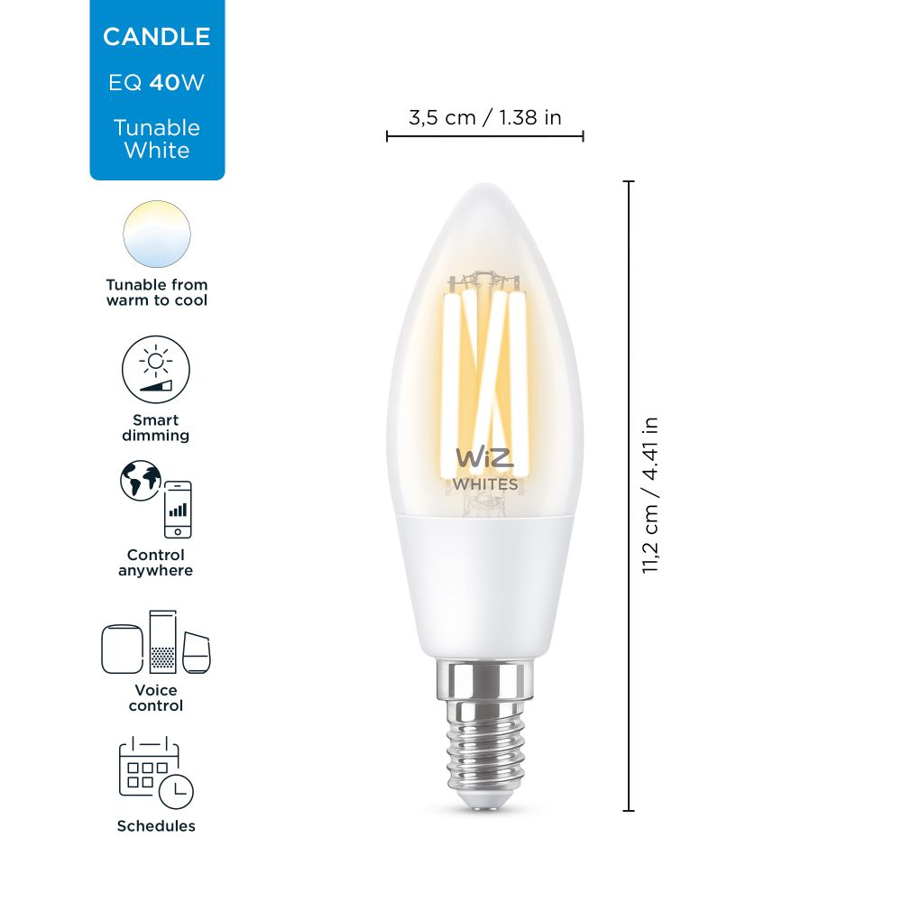 Bombilla inteligente - Wiz LED Filamento Vela E14, Regulable, Luz blanca de cálida a fría, 2700 - 6500K, WiFi