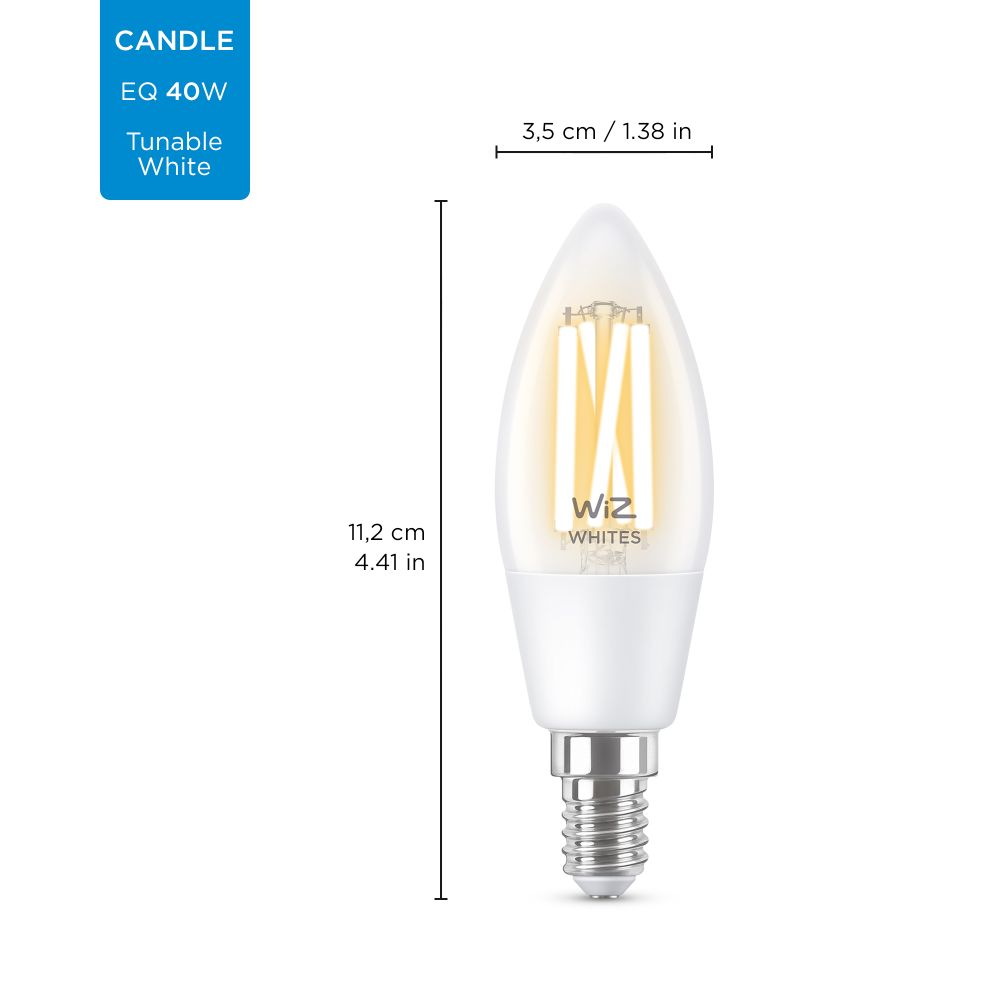 Bombilla inteligente - Wiz LED Filamento Vela E14, Regulable, Luz blanca de cálida a fría, 2700 - 6500K, WiFi