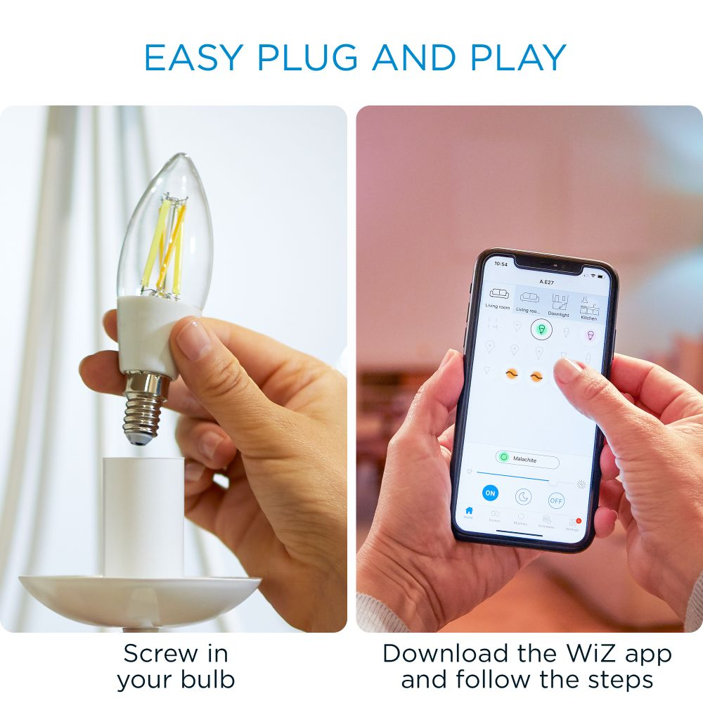 Bombilla inteligente - Wiz LED Filamento Vela E14, Regulable, Luz blanca de cálida a fría, 2700 - 6500K, WiFi