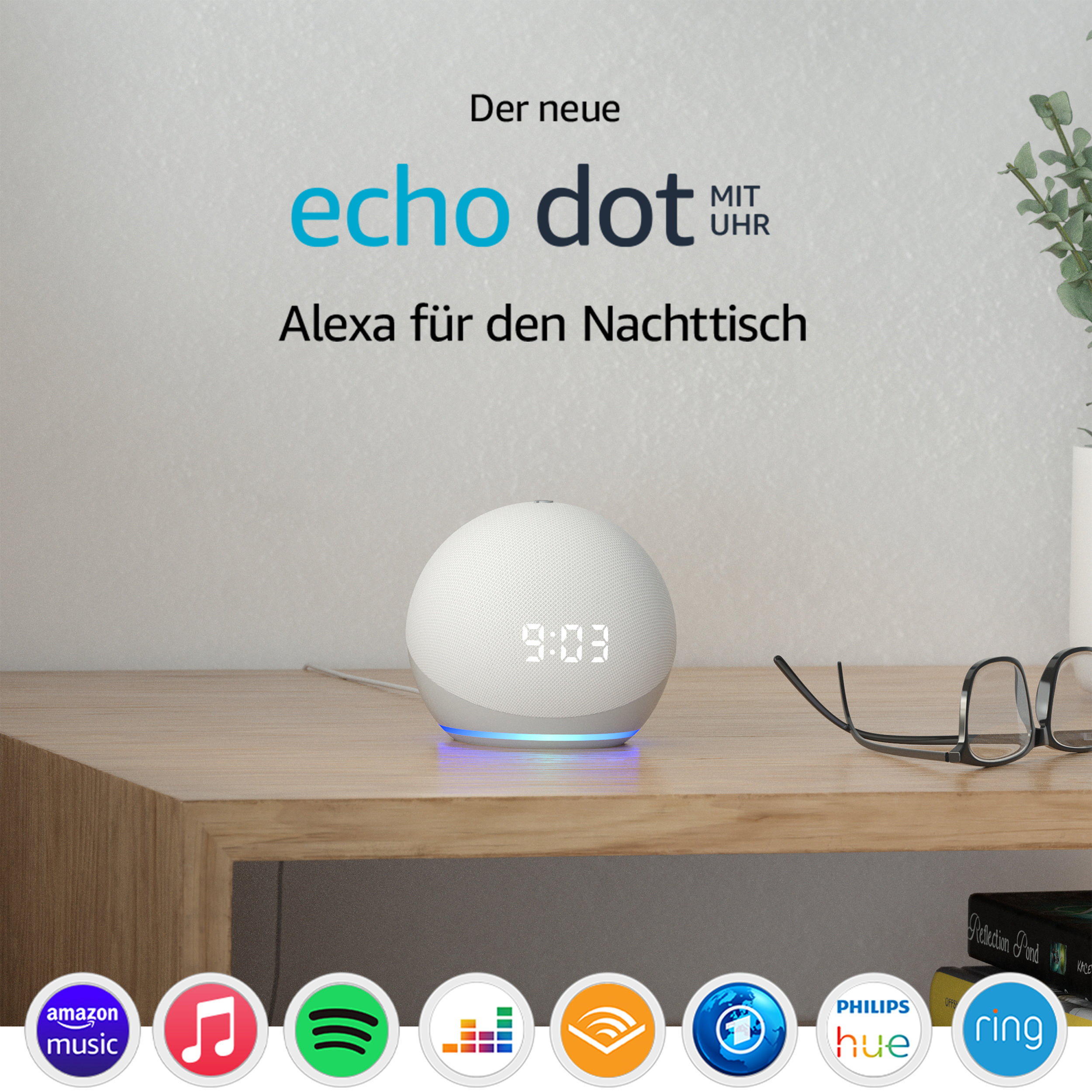 AMAZON Echo Dot (4. Generation), mit Uhr, mit Alexa, Smart Speaker, Weiss