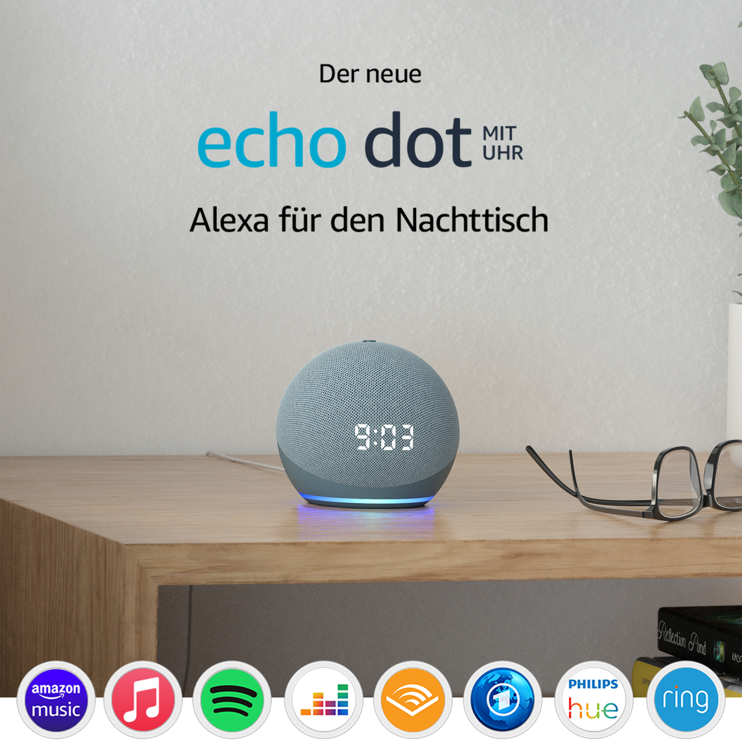 AMAZON Echo Dot (4. Generation) mit Uhr, mit Alexa, Smart Speaker, Blaugrau