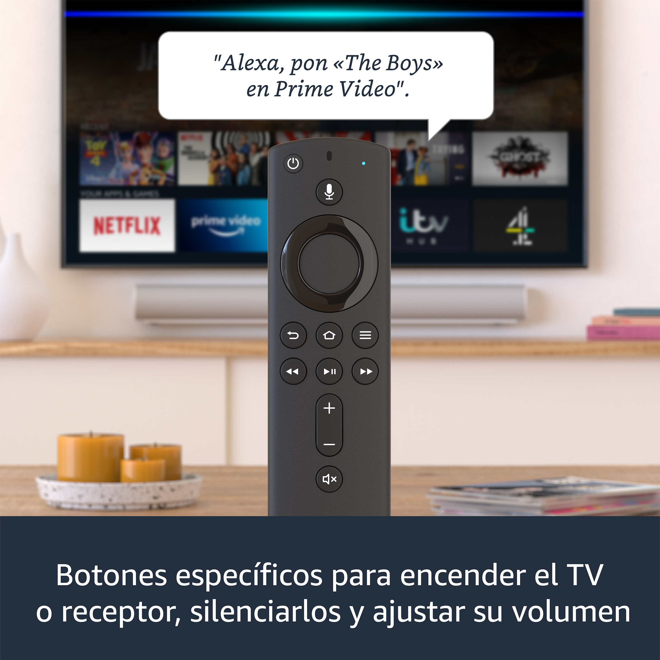 Un mando a distancia negro frente a un televisor con pantalla de Netflix, con indicación de Alexa arriba.