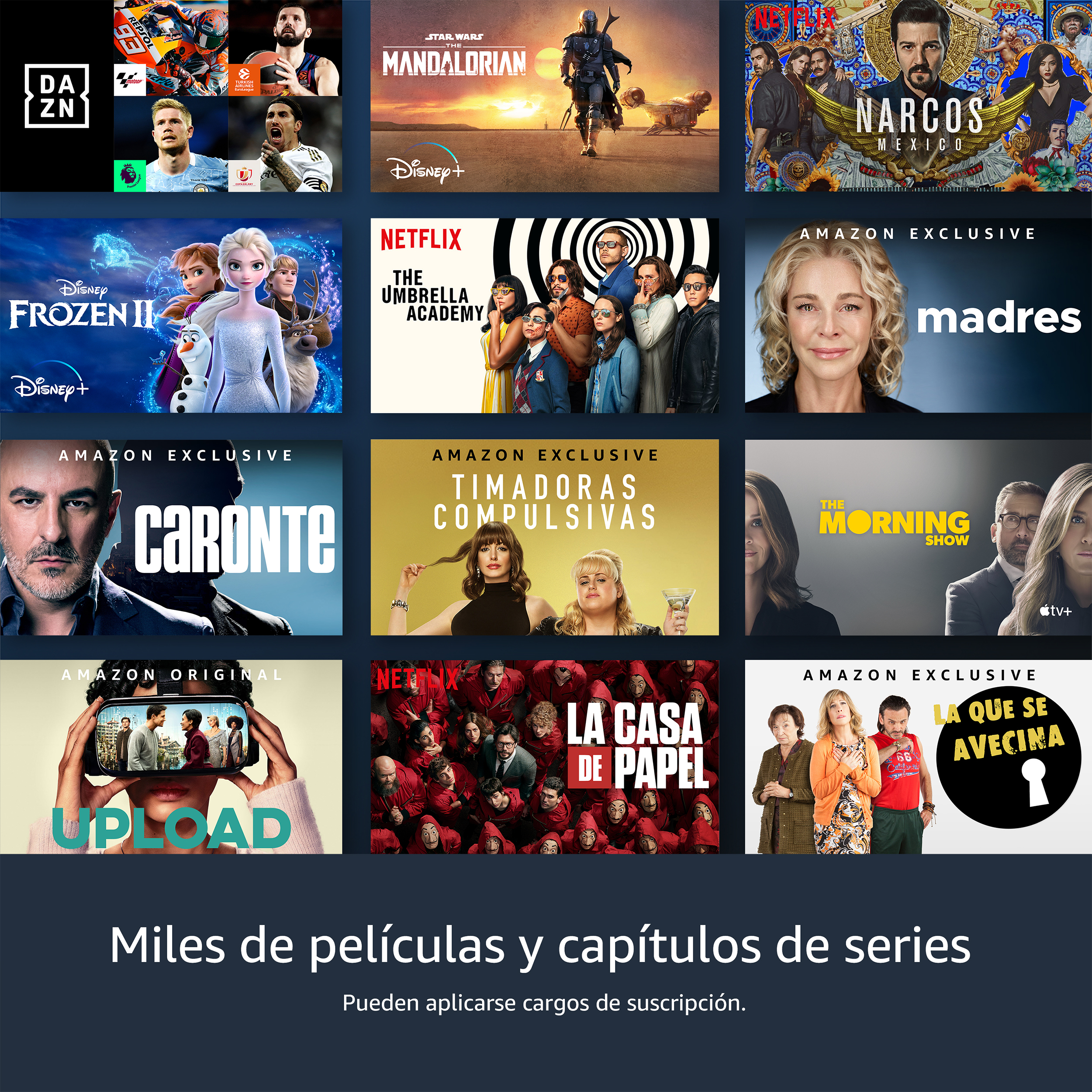 Selección de miniaturas de servicios de transmisión, incluyendo Disney+, Netflix y Amazon Prime.