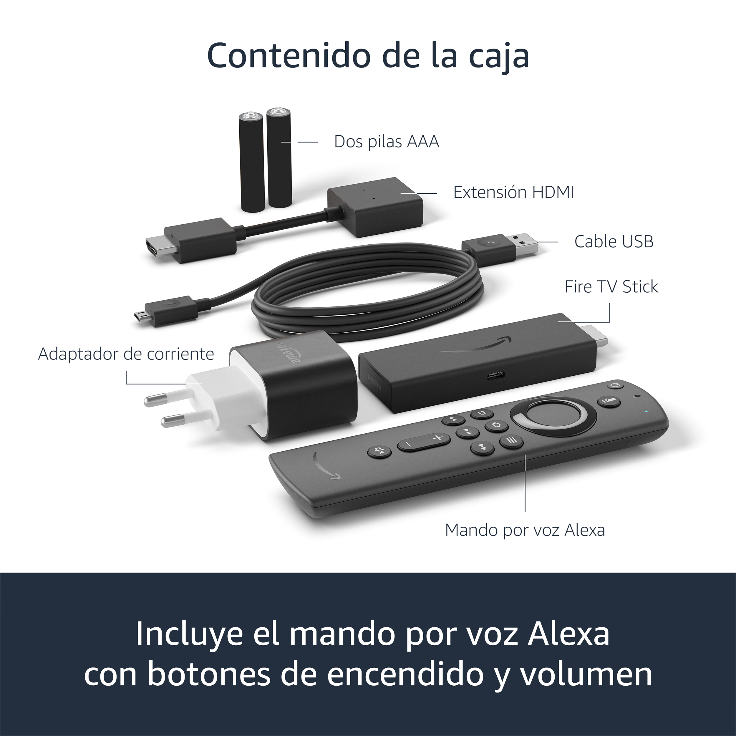 Contenido de la caja: cable USB, adaptador, Fire TV Stick, mando y pilas.