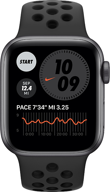 Fekete Apple Watch edzés statisztikákat mutat: idő, tempó, távolság és egy grafikon. Az óra fekete szíjjal és egy start gombbal rendelkezik.