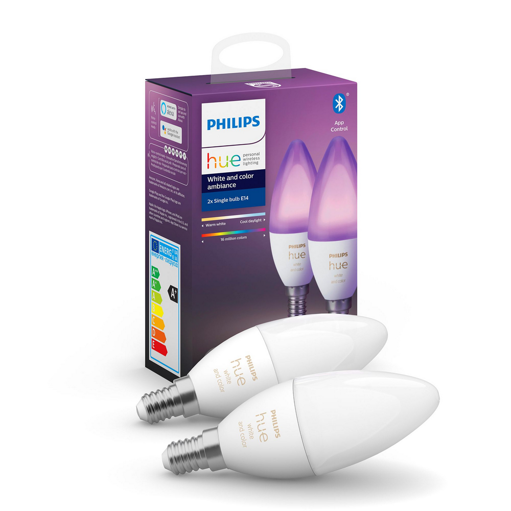Philips Hue White and color ambiance pack 2x bombillas led 5.3w e14 rgbw 2 inteligentes luz blanca y vela 5.2 con bluetooth de compatible alexa