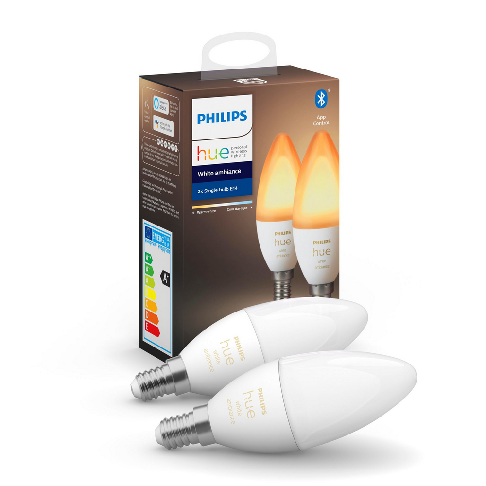 Pack 2 Bombillas inteligentes - Philips Hue White Ambiance, E14, Domótica, Luz Blanca Cálida y Fría