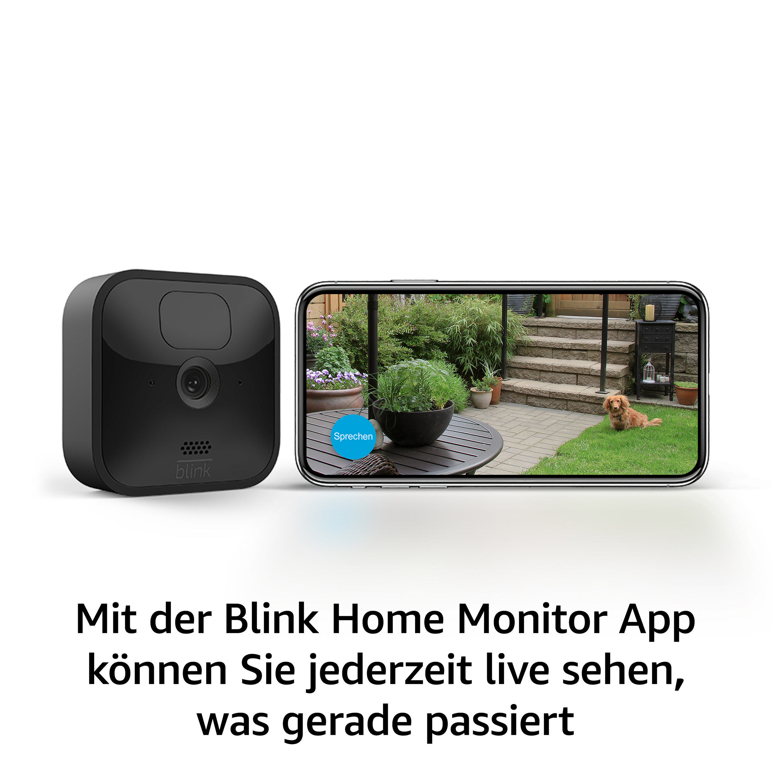 Eine schwarze Heimsicherheitskamera neben einem Telefon mit Gartenansicht.