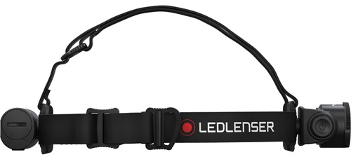 Fekete LED-es fejlámpa pánttal. A LEDLENSER márkanév a pánton van nyomtatva.
