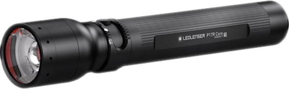 Egy fekete zseblámpa piros kerettel. A 'LEDLENSER' márkanév látható.
