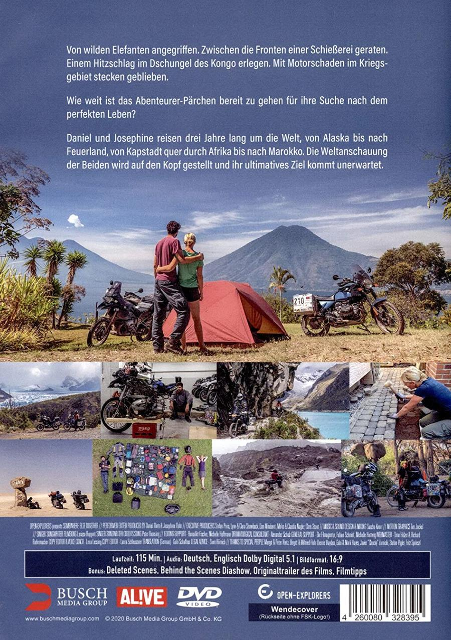 Rückseite einer DVD-Box. Menschen mit Motorrädern, ein Zelt und Berge sind sichtbar.