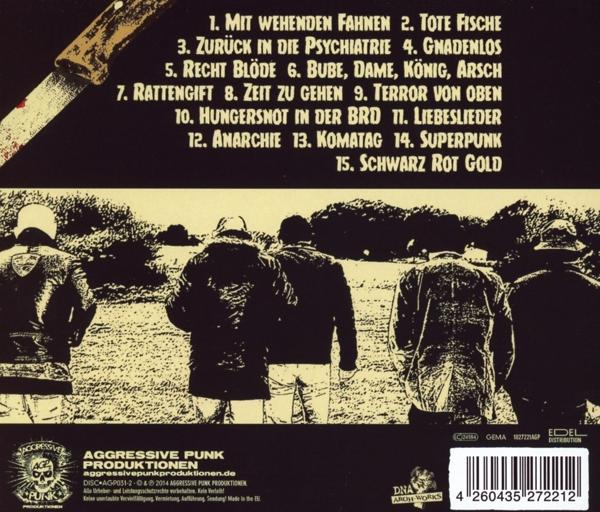Albumcover zeigt Bandmitglieder von hinten. Text listet Songtitel und ein Messer.
