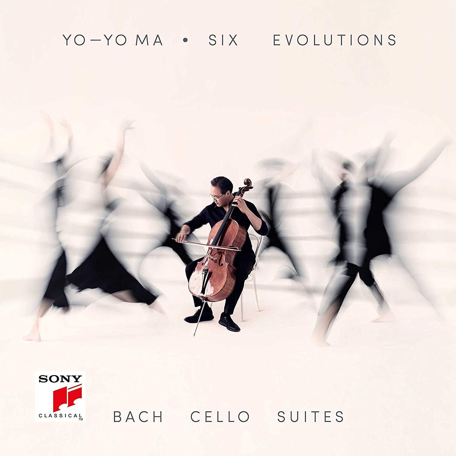 Yo-Yo Ma gordonkázik, homályos táncosok a háttérben. Album borító: Six Evolutions, Bach Cello Suites.