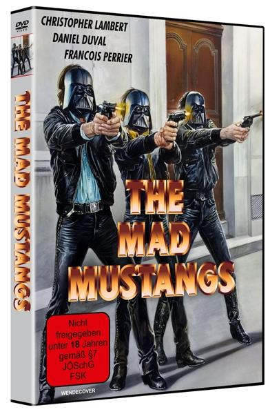 DVD-Cover. Drei Männer in Lederjacken und Helmen, die Waffen halten. Text: The Mad Mustangs.