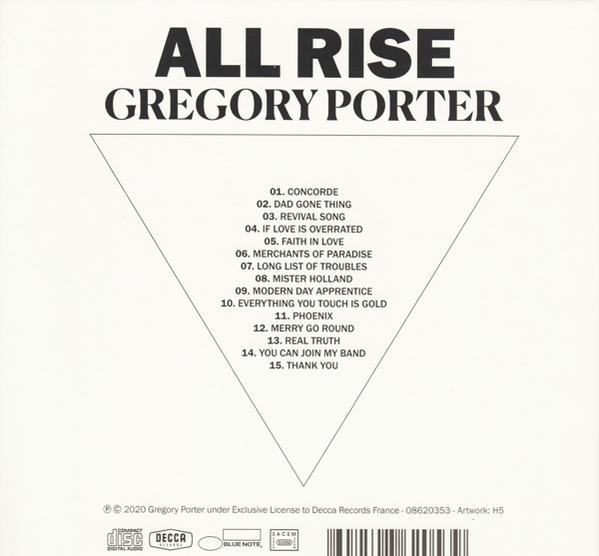 Albumhoes met tracklist. Titel: 'ALL RISE'. Artiest: Gregory Porter. Witte driehoek.