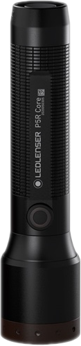 Fekete LED LENSER P5R Core zseblámpa. A zseblámpa hengeres, gombbal és logóval rendelkezik.