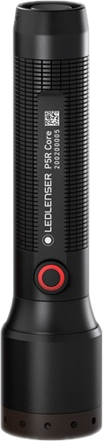 Fekete LEDLENSER P5R Core zseblámpa, piros gombbal és termékcímkével.