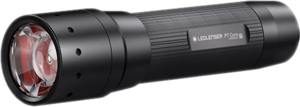 Fekete zseblámpa piros lencsével, elegáns dizájn, Ledlenser P1 Core felirattal.