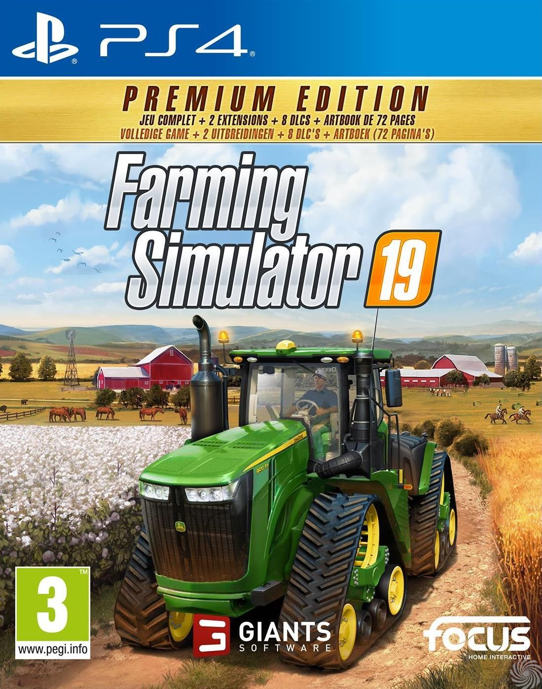 Farming Simulator 19 game cover. Een tractor in een veld, met een boerderij op de achtergrond. PS4 logo.