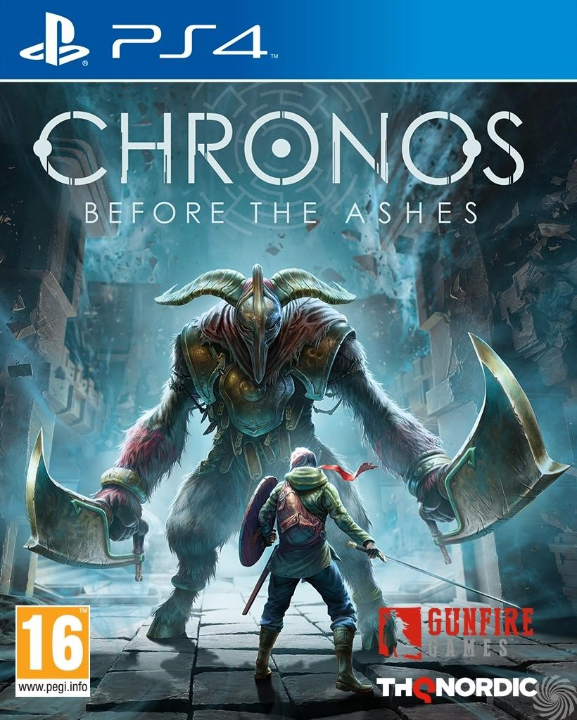 PS4-gamecase. Een krijger staat tegenover een monster met een groen gekleed figuur en zwaard op de cover.