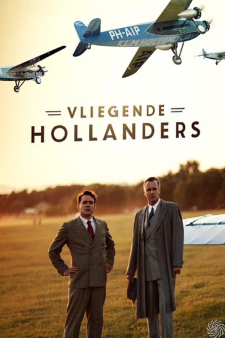 Filmposter met de titel "Vliegende Hollanders" en twee mannen in pakken.