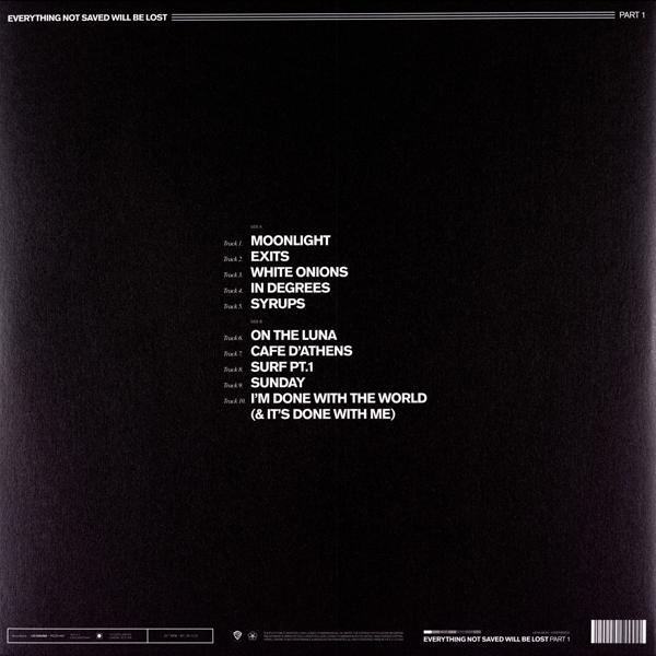 Schwarzes Albumcover mit weißem Text, Trackliste und Barcode.