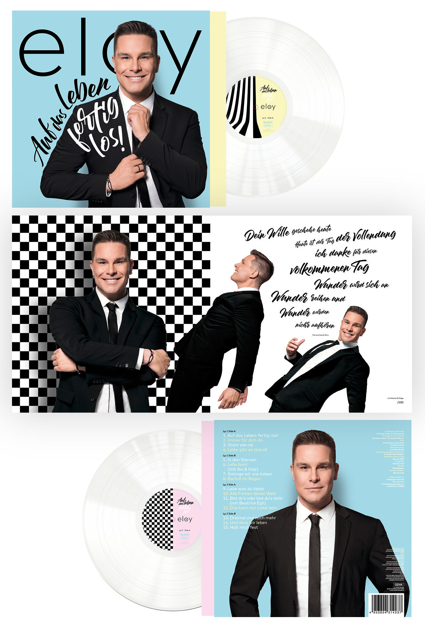 Eine Sammlung von Schallplatten, Albumcovern und Fotos eines Mannes im Anzug. Weißer Hintergrund.