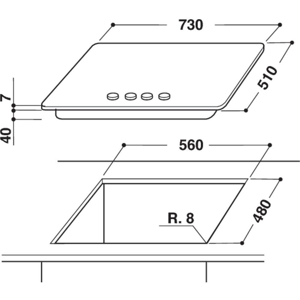 Indukciós főzőlap négy kör alakú égővel. Egy diagram a méreteket és a kivágást mutatja.
