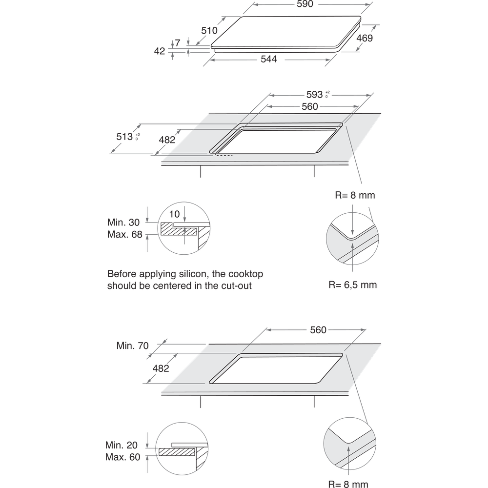 A főzőlap diagramja, méretekkel és kivágási részletekkel.