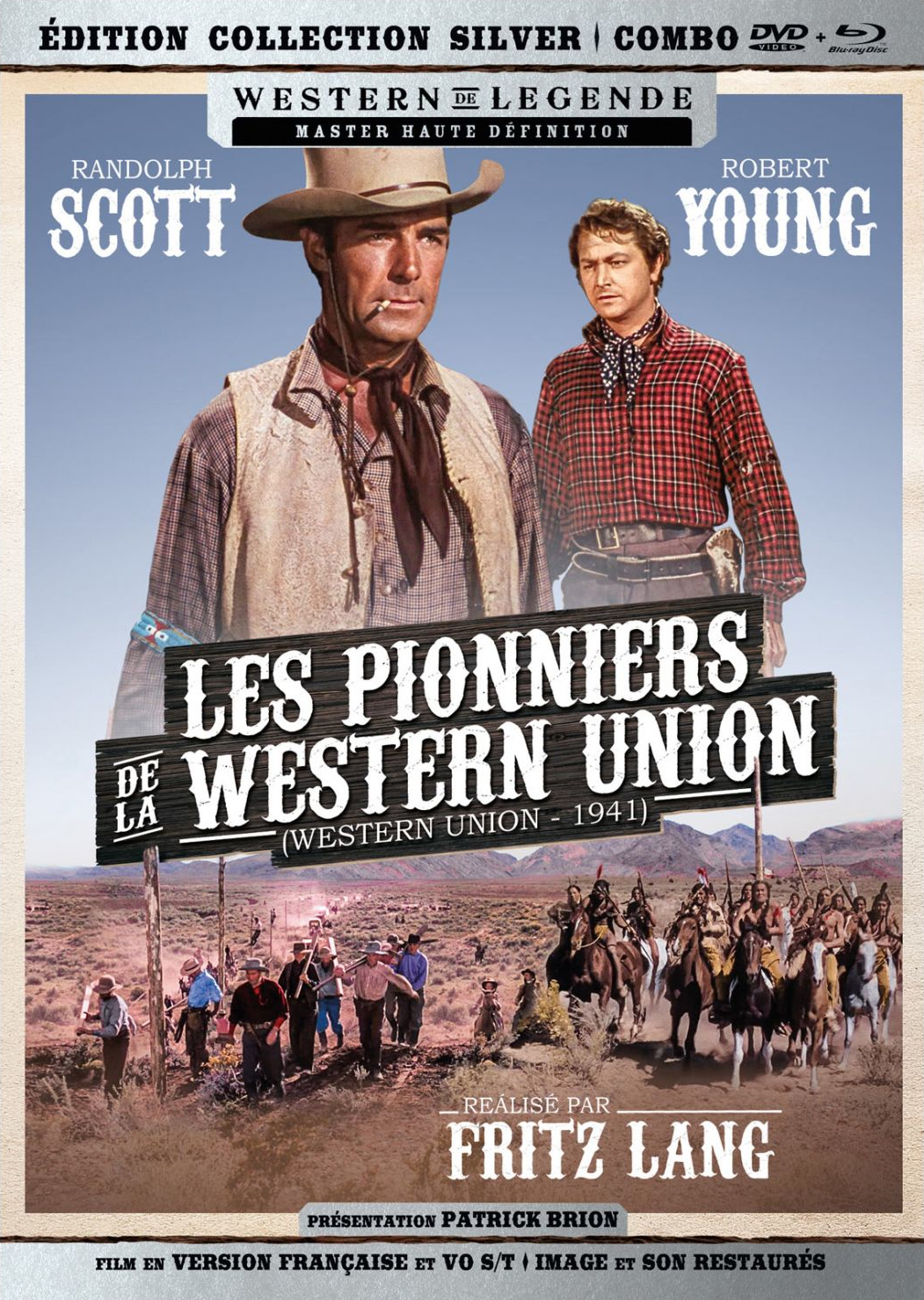 DVD-hoes voor 'Western Union'. Toont twee mannen in cowboykleding, een Western-scène.