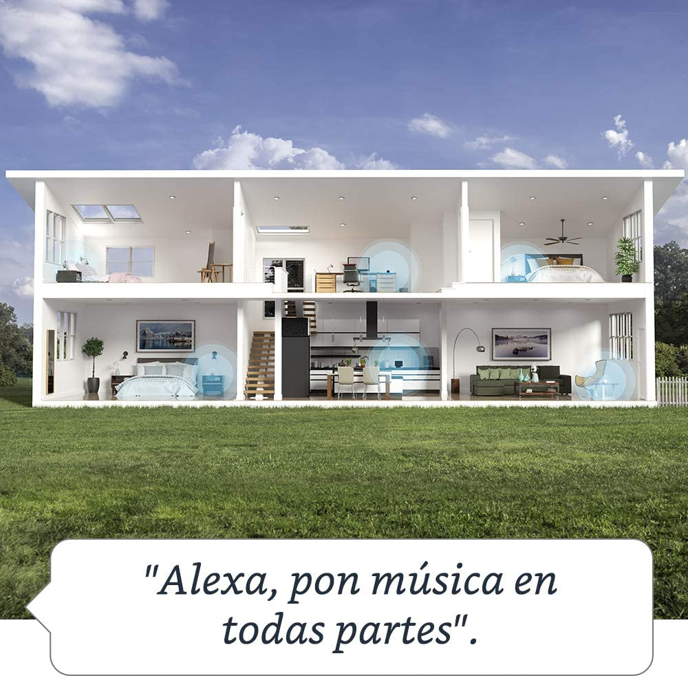 Una sección transversal de una casa de dos pisos con habitaciones y un fondo de cielo azul. El texto dice: 'Alexa, pon música en todas partes'.