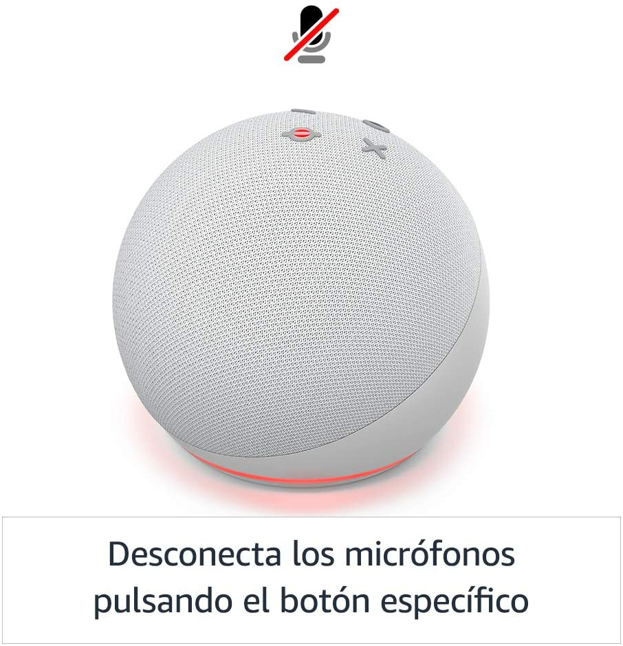 Amazon Echo Dot blanco con una luz roja. El texto dice que desconecte los micrófonos presionando un botón.