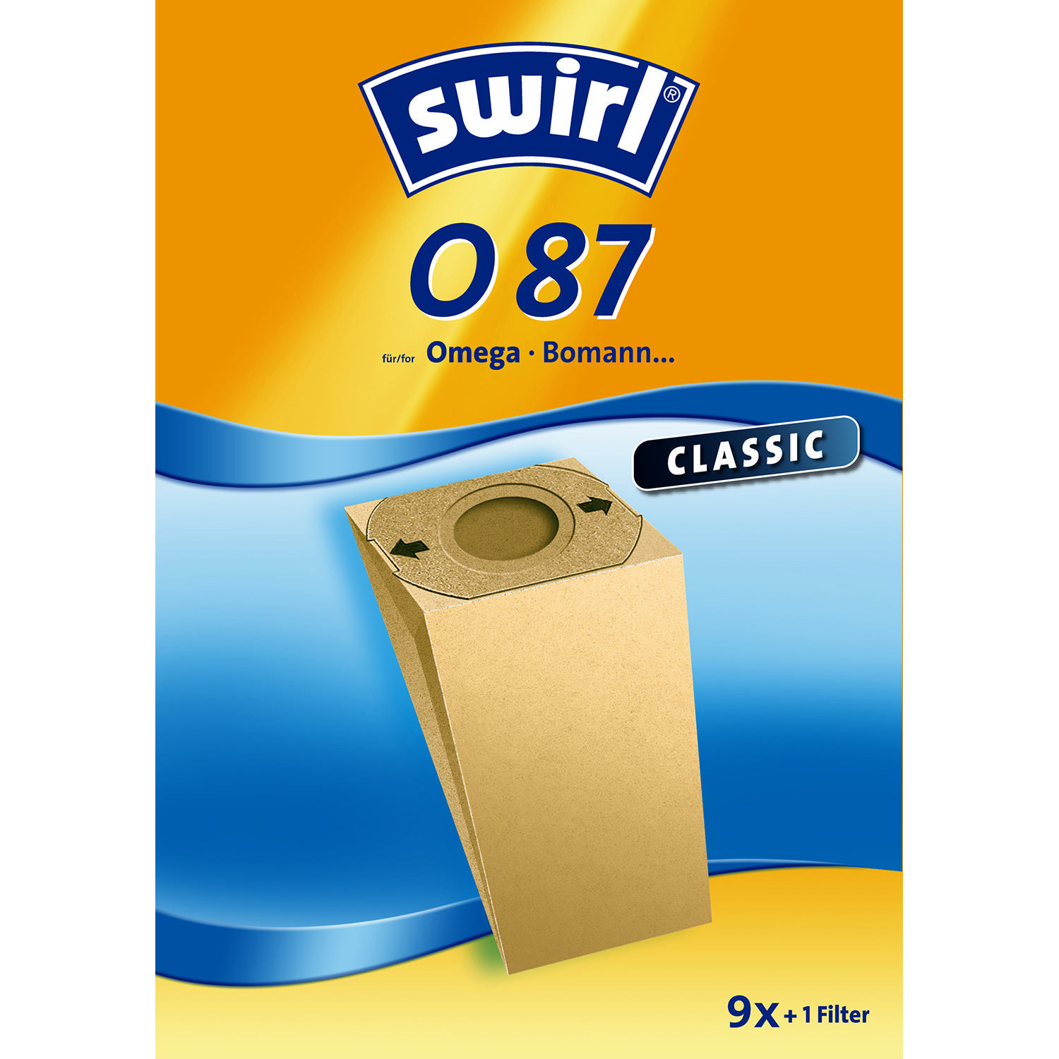 Swirl Staubsaugerbeutel-Verpackung. Brauner Beutel mit Pfeilen. Orange-blauer Hintergrund. Text: Swirl, 087.