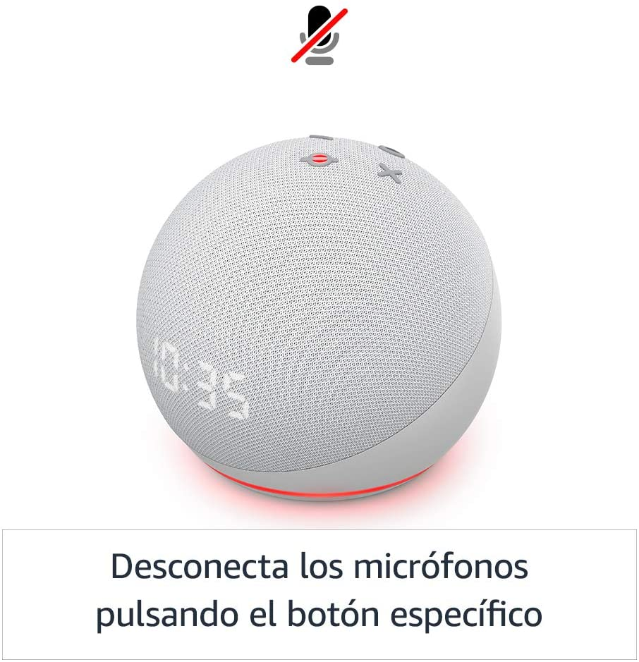 Altavoz inteligente blanco con icono de micrófono silenciado y texto español.