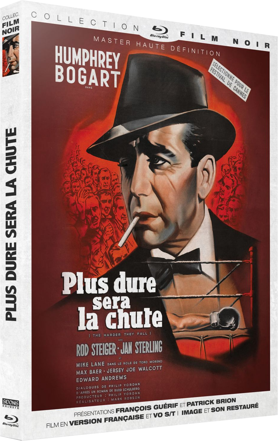Humphrey Bogart sur une affiche de film noir. Il porte un chapeau et fume. Texte : Plus dure sera la chute.