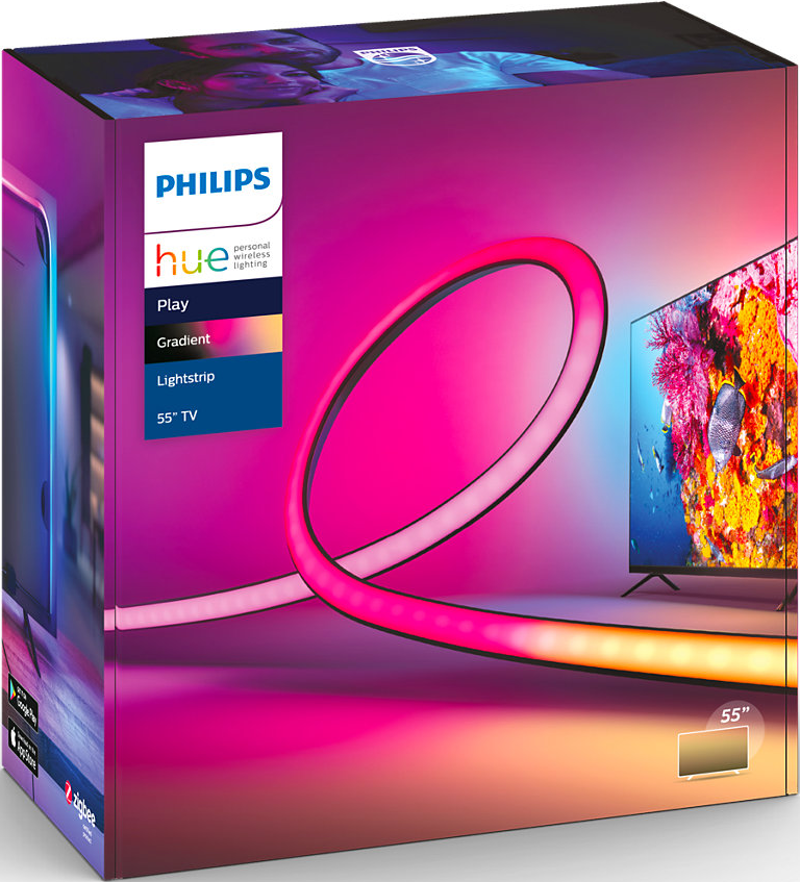 Boîte avec lumières Philips Hue, une bande lumineuse et une TV. Le rose et l'orange dominent le design.